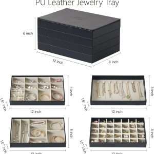 EZDeco Jewelry Organizer Tray with Lid, Extra Large Set of 4 Stackable Jewelry Organizer Holder for Drawer Inserts, PU Leather Jewellery Storage Display for Ring Earring Necklace Bracelet - 2