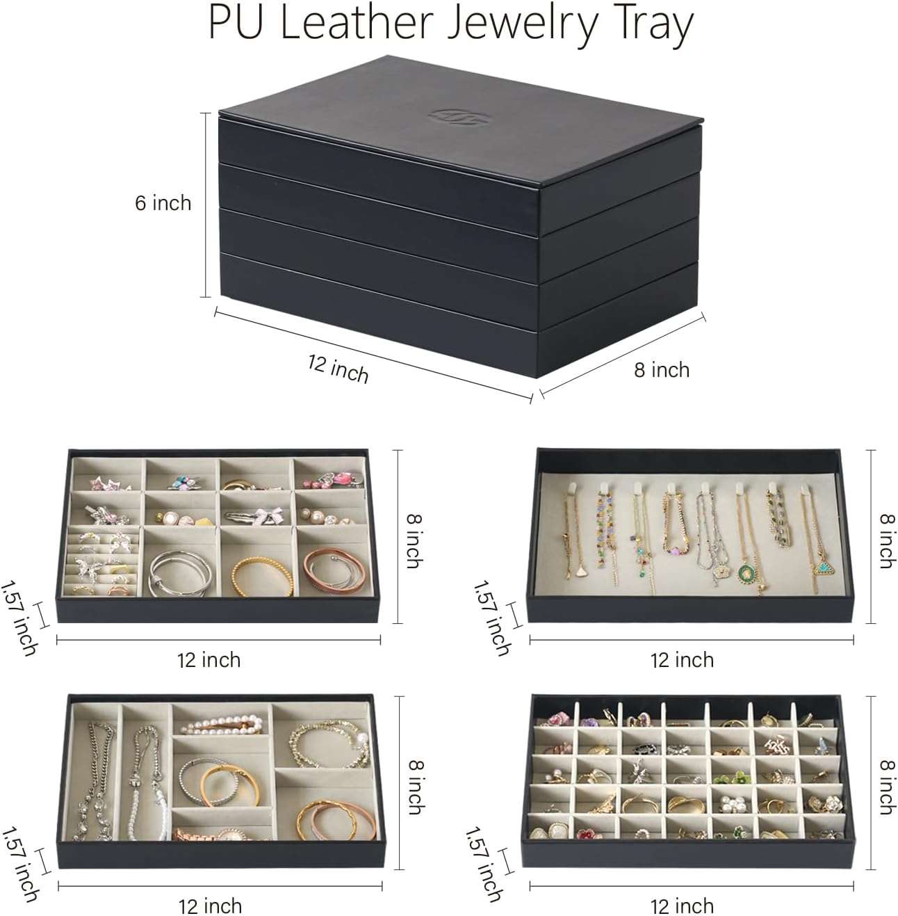 EZDeco Jewelry Organizer Tray with Lid, Extra Large Set of 4 Stackable Jewelry Organizer Holder for Drawer Inserts, PU Leather Jewellery Storage Display for Ring Earring Necklace Bracelet - 2