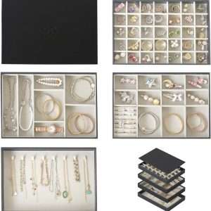 EZDeco Jewelry Organizer Tray with Lid, Extra Large Set of 4 Stackable Jewelry Organizer Holder for Drawer Inserts, PU Leather Jewellery Storage Display for Ring Earring Necklace Bracelet - 3