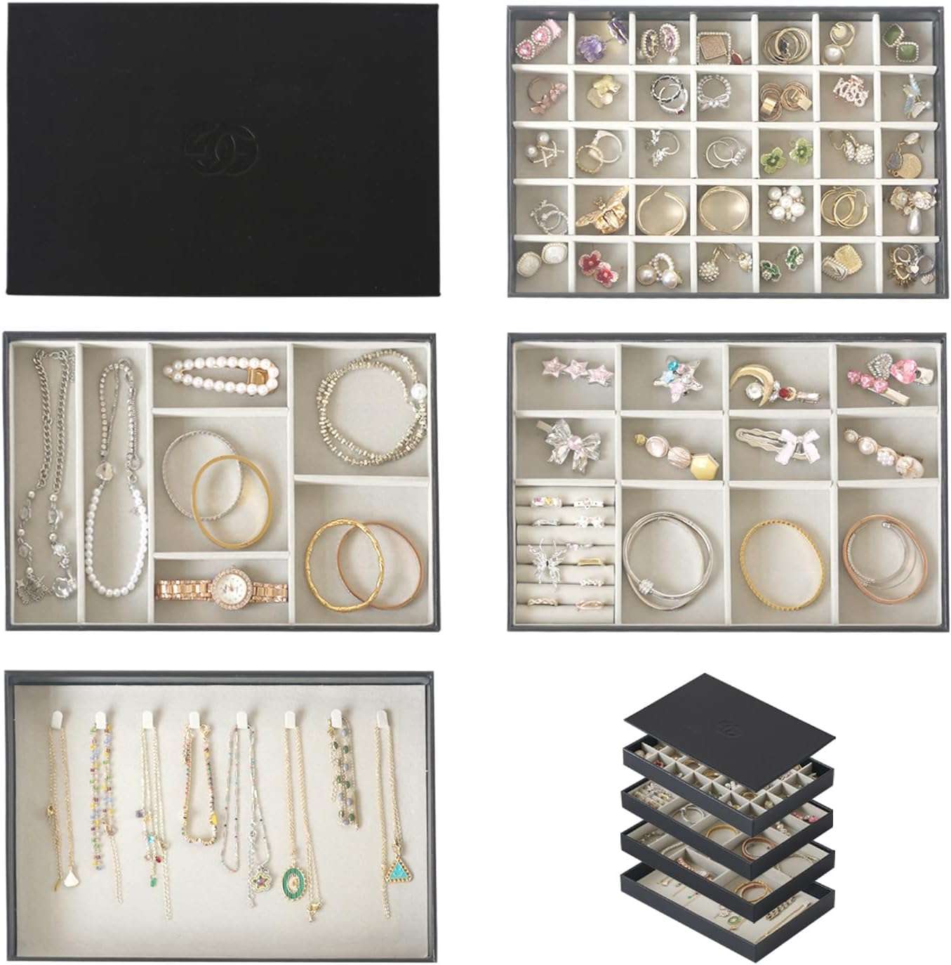 EZDeco Jewelry Organizer Tray with Lid, Extra Large Set of 4 Stackable Jewelry Organizer Holder for Drawer Inserts, PU Leather Jewellery Storage Display for Ring Earring Necklace Bracelet - 3