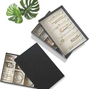 EZDeco Jewelry Organizer Tray with Lid, Extra Large Set of 4 Stackable Jewelry Organizer Holder for Drawer Inserts, PU Leather Jewellery Storage Display for Ring Earring Necklace Bracelet - 4