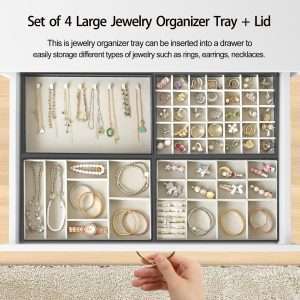 EZDeco Jewelry Organizer Tray with Lid, Extra Large Set of 4 Stackable Jewelry Organizer Holder for Drawer Inserts, PU Leather Jewellery Storage Display for Ring Earring Necklace Bracelet - 5