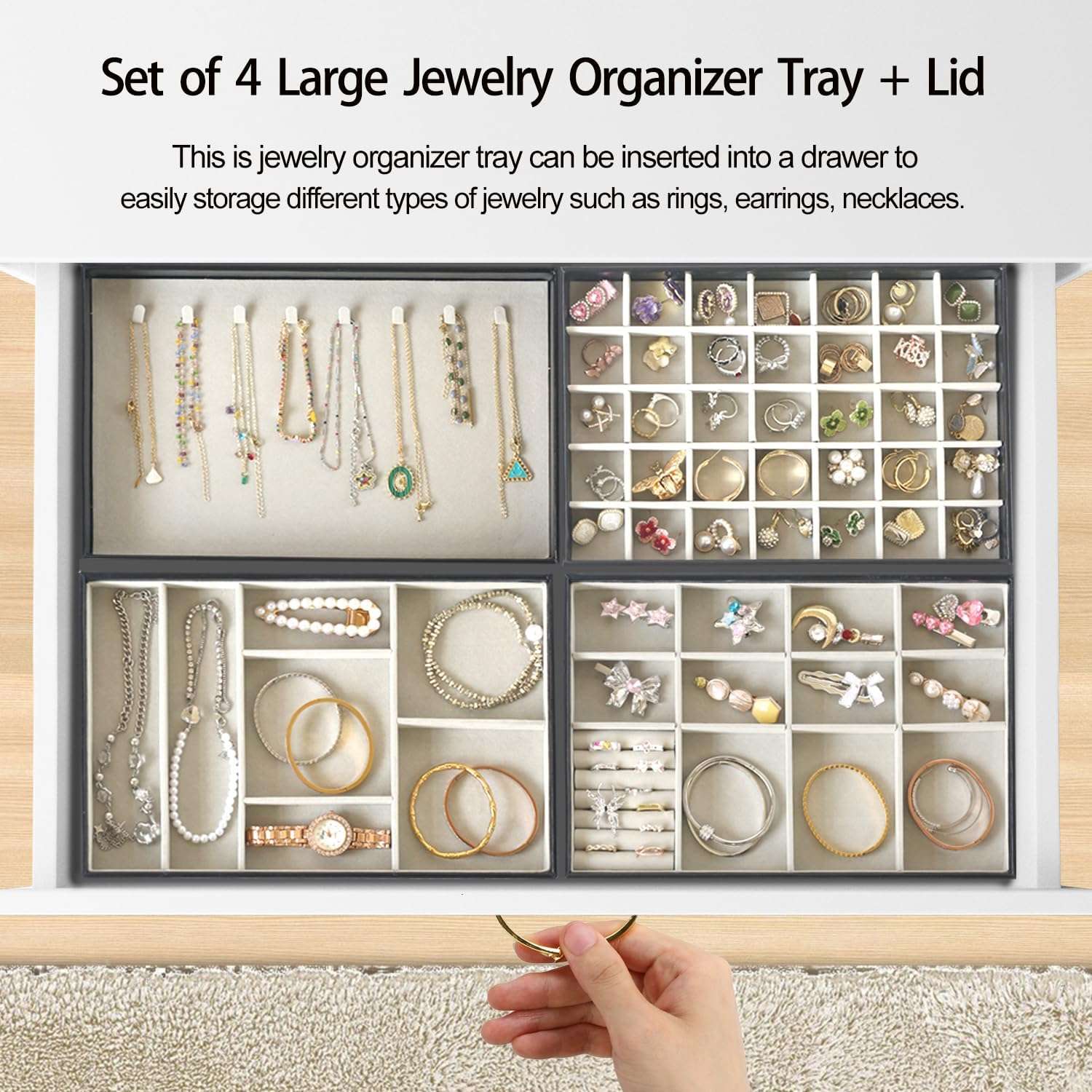 EZDeco Jewelry Organizer Tray with Lid, Extra Large Set of 4 Stackable Jewelry Organizer Holder for Drawer Inserts, PU Leather Jewellery Storage Display for Ring Earring Necklace Bracelet - 5