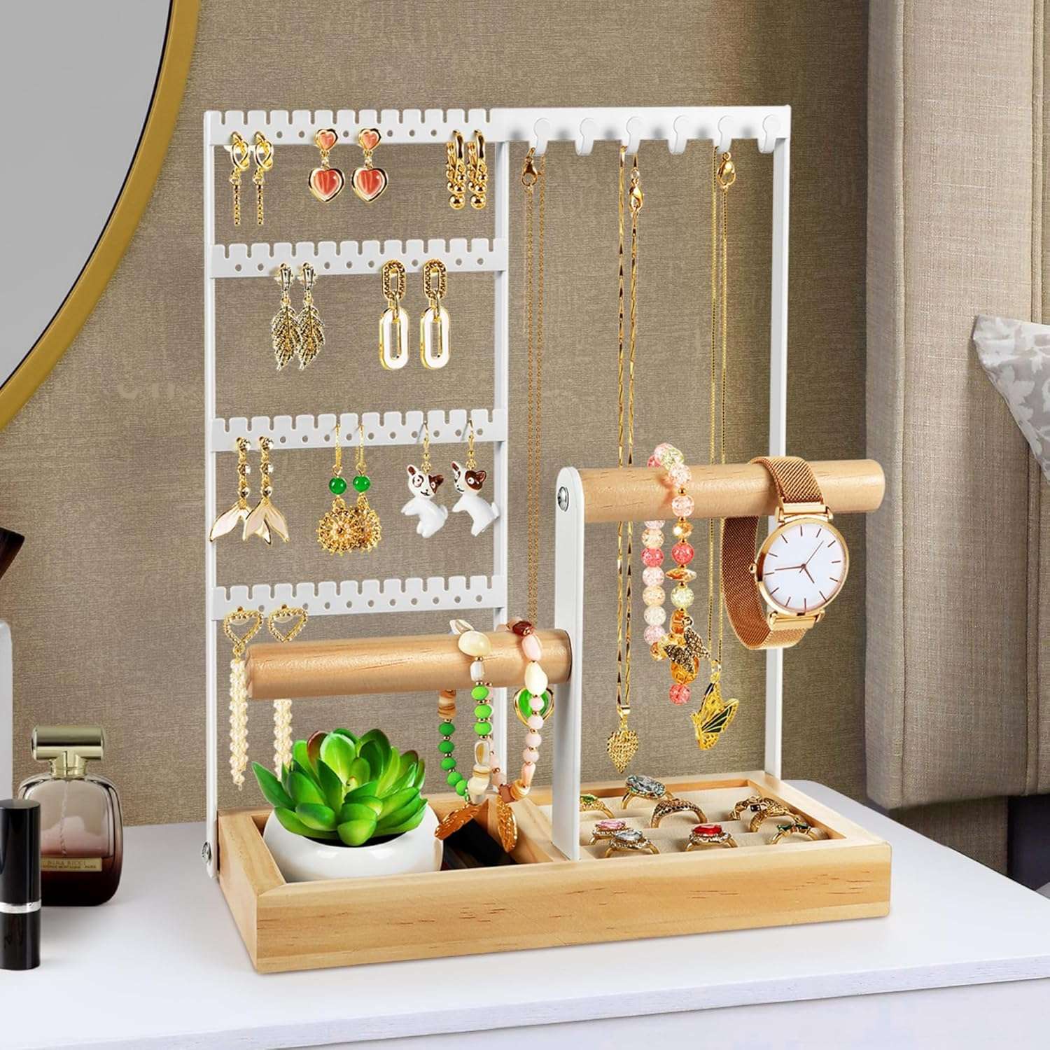 Godboat Jewelry Organizer, 4-Tier Earring Holder Organizer with 48 Holes, 6 Hooks Necklace Organizer, Wood Box for Bracelet & Ring, Christmas Gifts for Home Decor, Preppy Stuff & Room Decor - 9