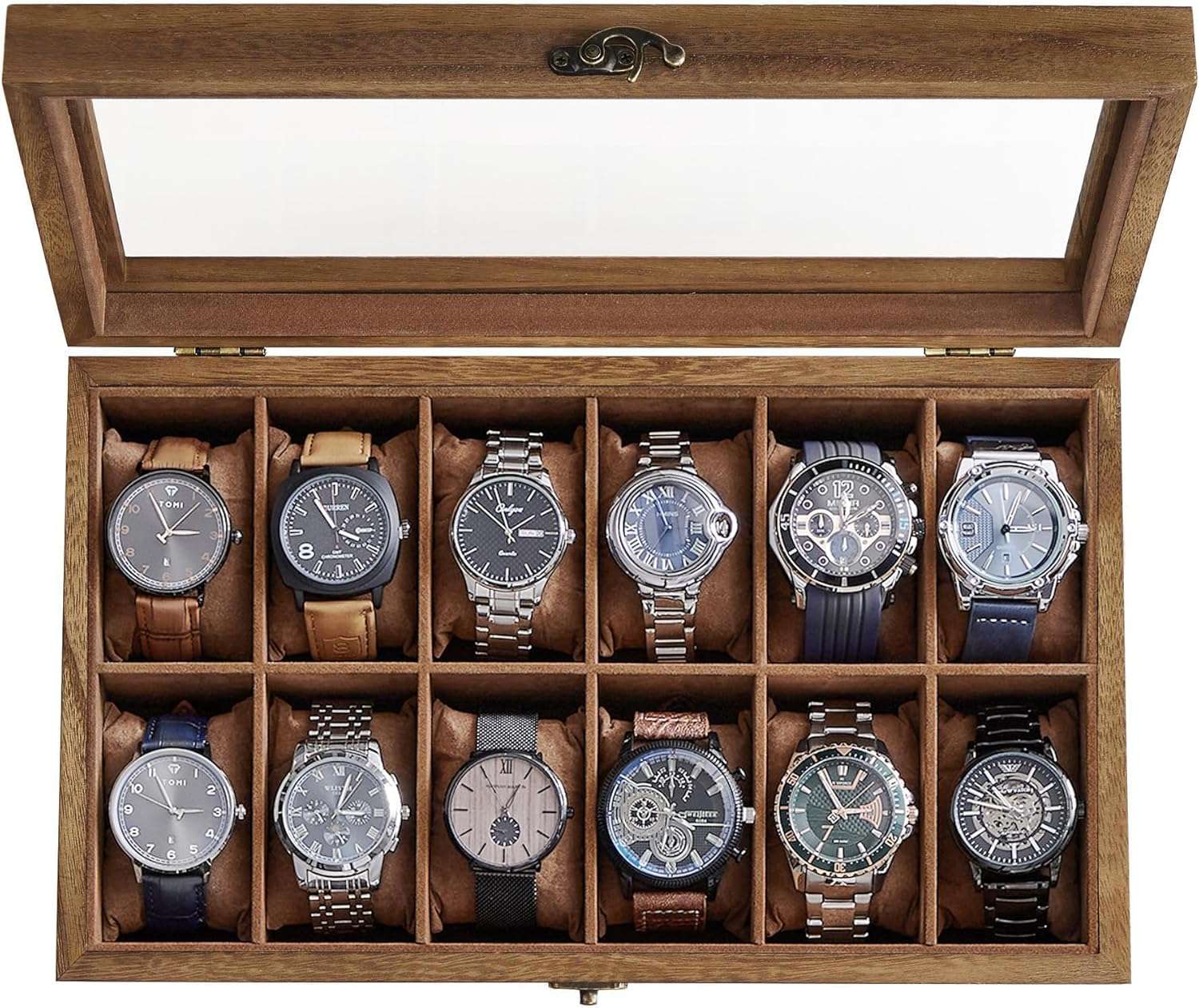 SONGMICS Watch Box, 12-Slot Watch Case, Solid Wood Watch Box Organizer with Glass Lid, Watch Display Case with Removable Pillows, Christmas Gift, Rustic Walnut UJOW120K01 - 1