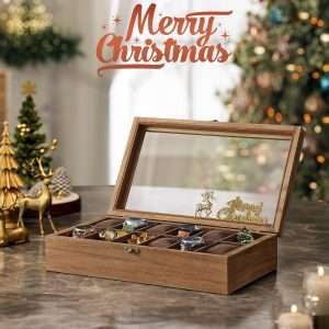 SONGMICS Watch Box, 12-Slot Watch Case, Solid Wood Watch Box Organizer with Glass Lid, Watch Display Case with Removable Pillows, Christmas Gift, Rustic Walnut UJOW120K01 - 2