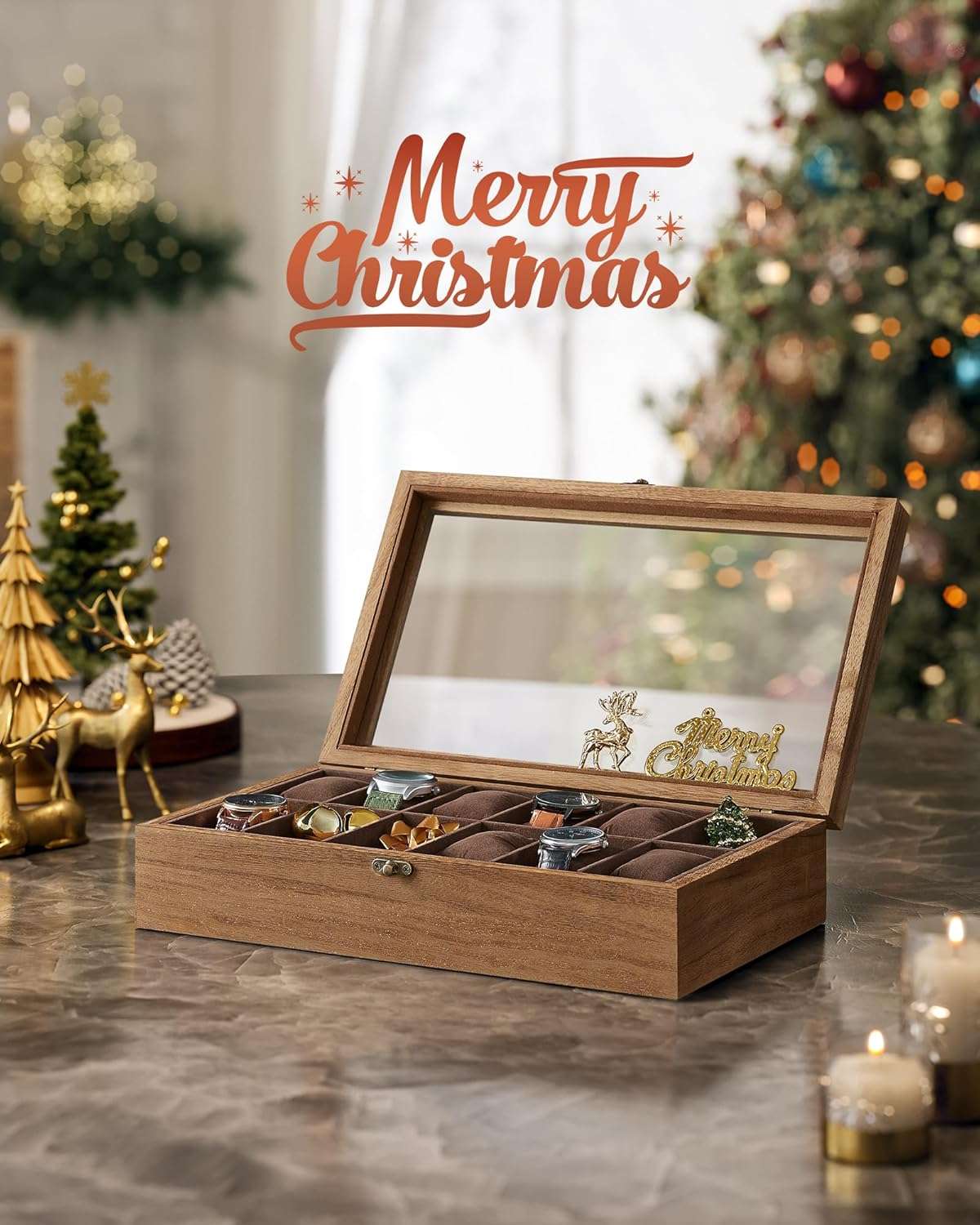 SONGMICS Watch Box, 12-Slot Watch Case, Solid Wood Watch Box Organizer with Glass Lid, Watch Display Case with Removable Pillows, Christmas Gift, Rustic Walnut UJOW120K01 - 2