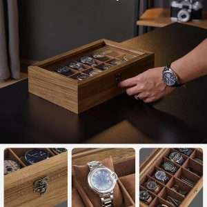 SONGMICS Watch Box, 12-Slot Watch Case, Solid Wood Watch Box Organizer with Glass Lid, Watch Display Case with Removable Pillows, Christmas Gift, Rustic Walnut UJOW120K01 - 3