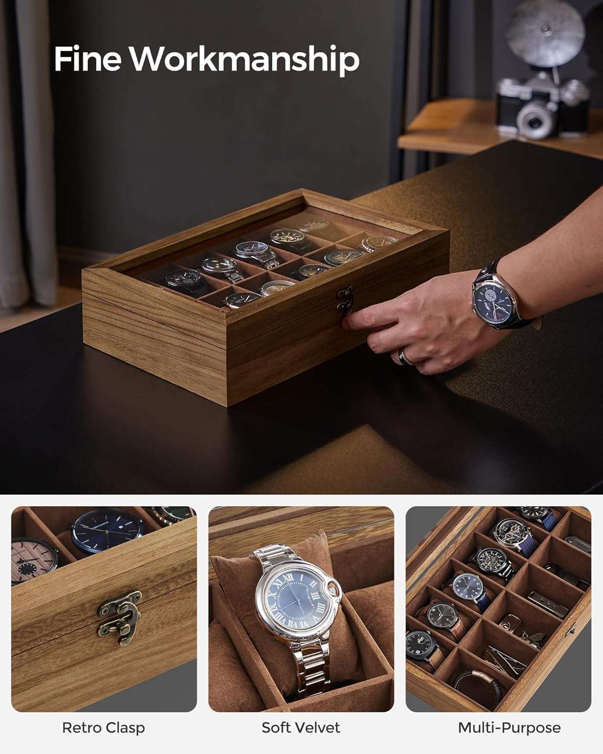 SONGMICS Watch Box, 12-Slot Watch Case, Solid Wood Watch Box Organizer with Glass Lid, Watch Display Case with Removable Pillows, Christmas Gift, Rustic Walnut UJOW120K01 - 3