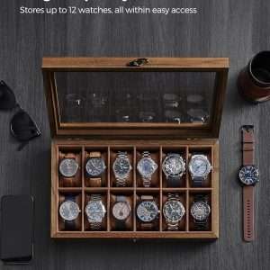SONGMICS Watch Box, 12-Slot Watch Case, Solid Wood Watch Box Organizer with Glass Lid, Watch Display Case with Removable Pillows, Christmas Gift, Rustic Walnut UJOW120K01 - 4
