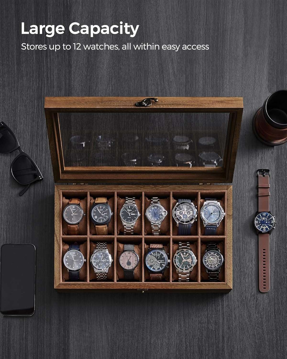 SONGMICS Watch Box, 12-Slot Watch Case, Solid Wood Watch Box Organizer with Glass Lid, Watch Display Case with Removable Pillows, Christmas Gift, Rustic Walnut UJOW120K01 - 4