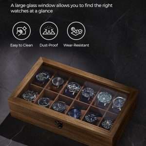 SONGMICS Watch Box, 12-Slot Watch Case, Solid Wood Watch Box Organizer with Glass Lid, Watch Display Case with Removable Pillows, Christmas Gift, Rustic Walnut UJOW120K01 - 5