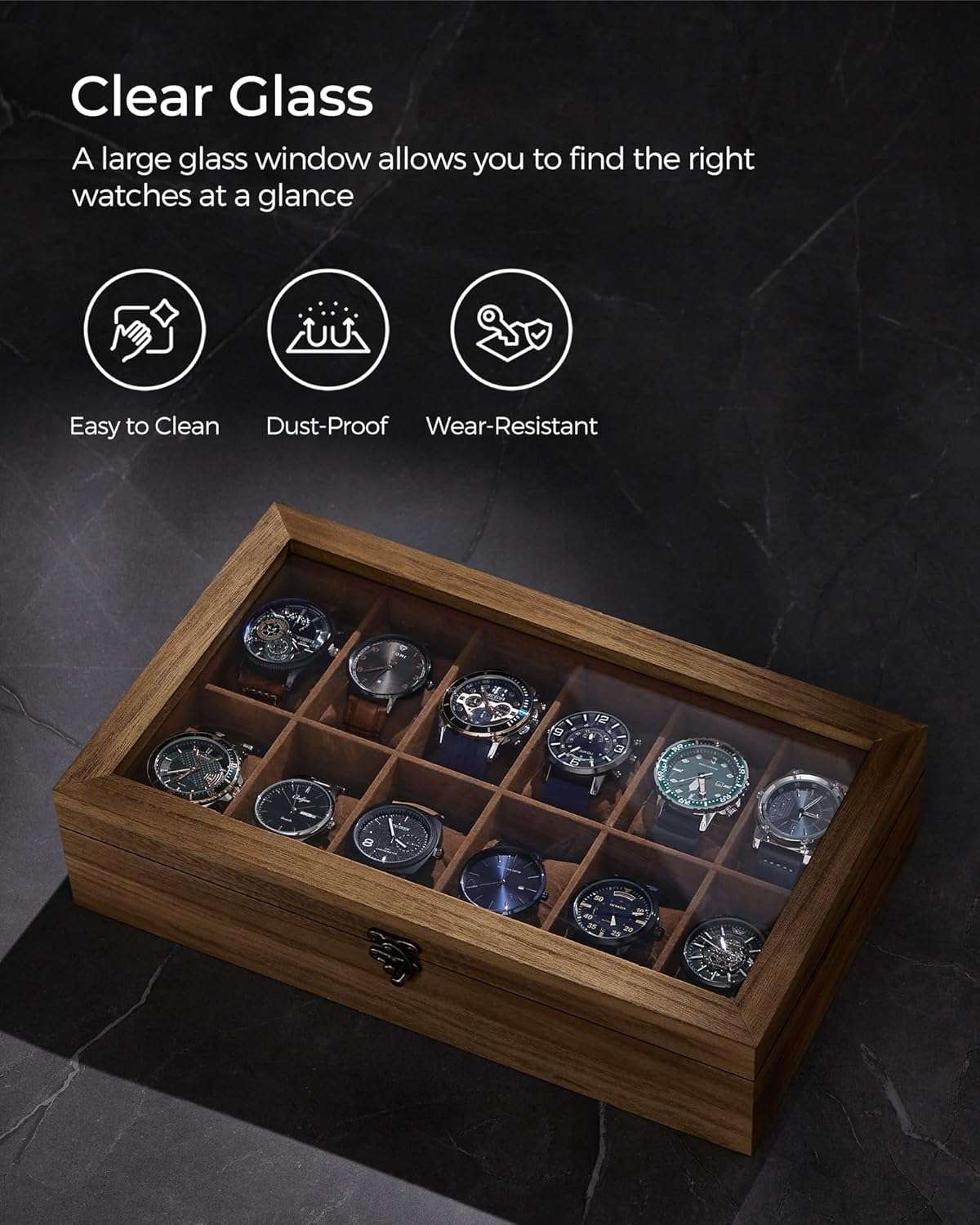 SONGMICS Watch Box, 12-Slot Watch Case, Solid Wood Watch Box Organizer with Glass Lid, Watch Display Case with Removable Pillows, Christmas Gift, Rustic Walnut UJOW120K01 - 5
