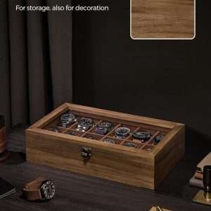 SONGMICS Watch Box, 12-Slot Watch Case, Solid Wood Watch Box Organizer with Glass Lid, Watch Display Case with Removable Pillows, Christmas Gift, Rustic Walnut UJOW120K01 - 6