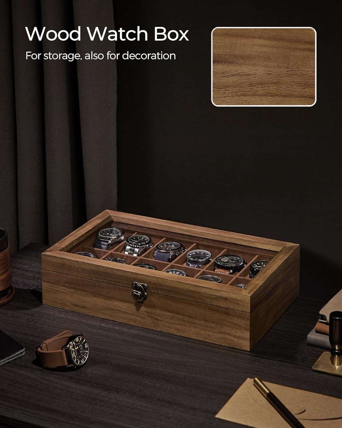 SONGMICS Watch Box, 12-Slot Watch Case, Solid Wood Watch Box Organizer with Glass Lid, Watch Display Case with Removable Pillows, Christmas Gift, Rustic Walnut UJOW120K01 - 6