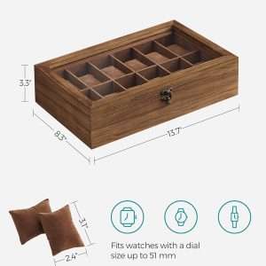 SONGMICS Watch Box, 12-Slot Watch Case, Solid Wood Watch Box Organizer with Glass Lid, Watch Display Case with Removable Pillows, Christmas Gift, Rustic Walnut UJOW120K01 - 7