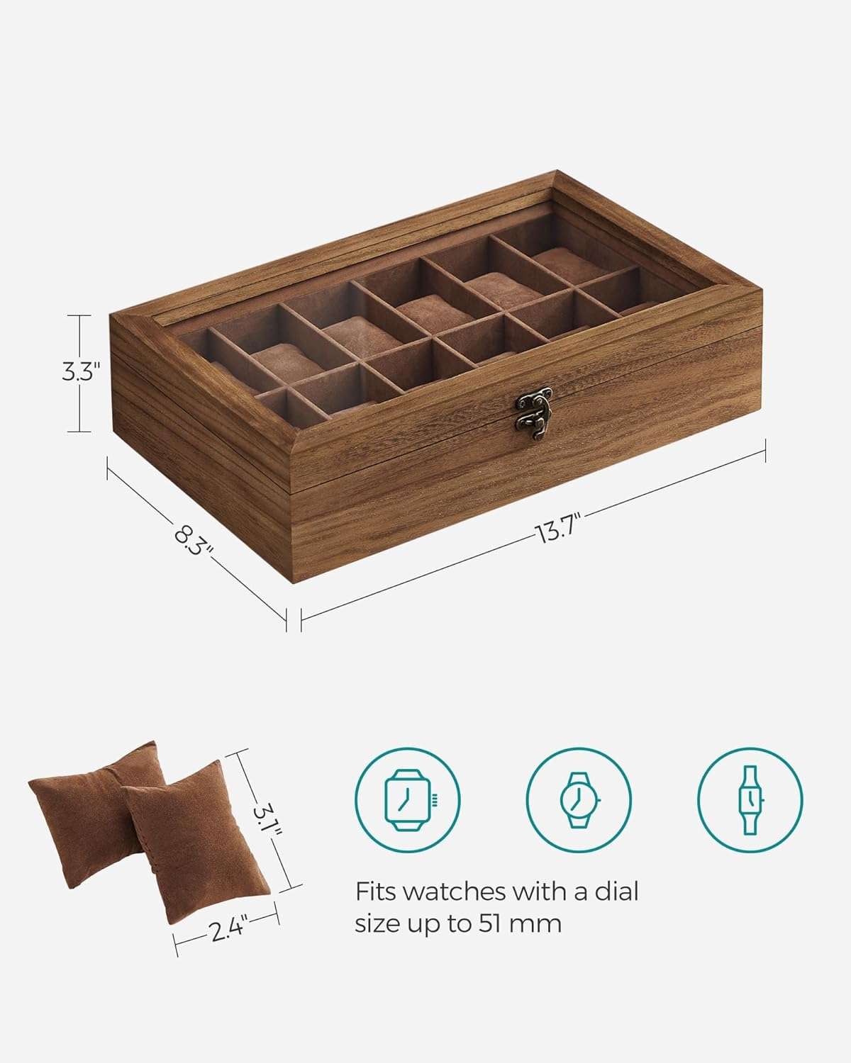 SONGMICS Watch Box, 12-Slot Watch Case, Solid Wood Watch Box Organizer with Glass Lid, Watch Display Case with Removable Pillows, Christmas Gift, Rustic Walnut UJOW120K01 - 7