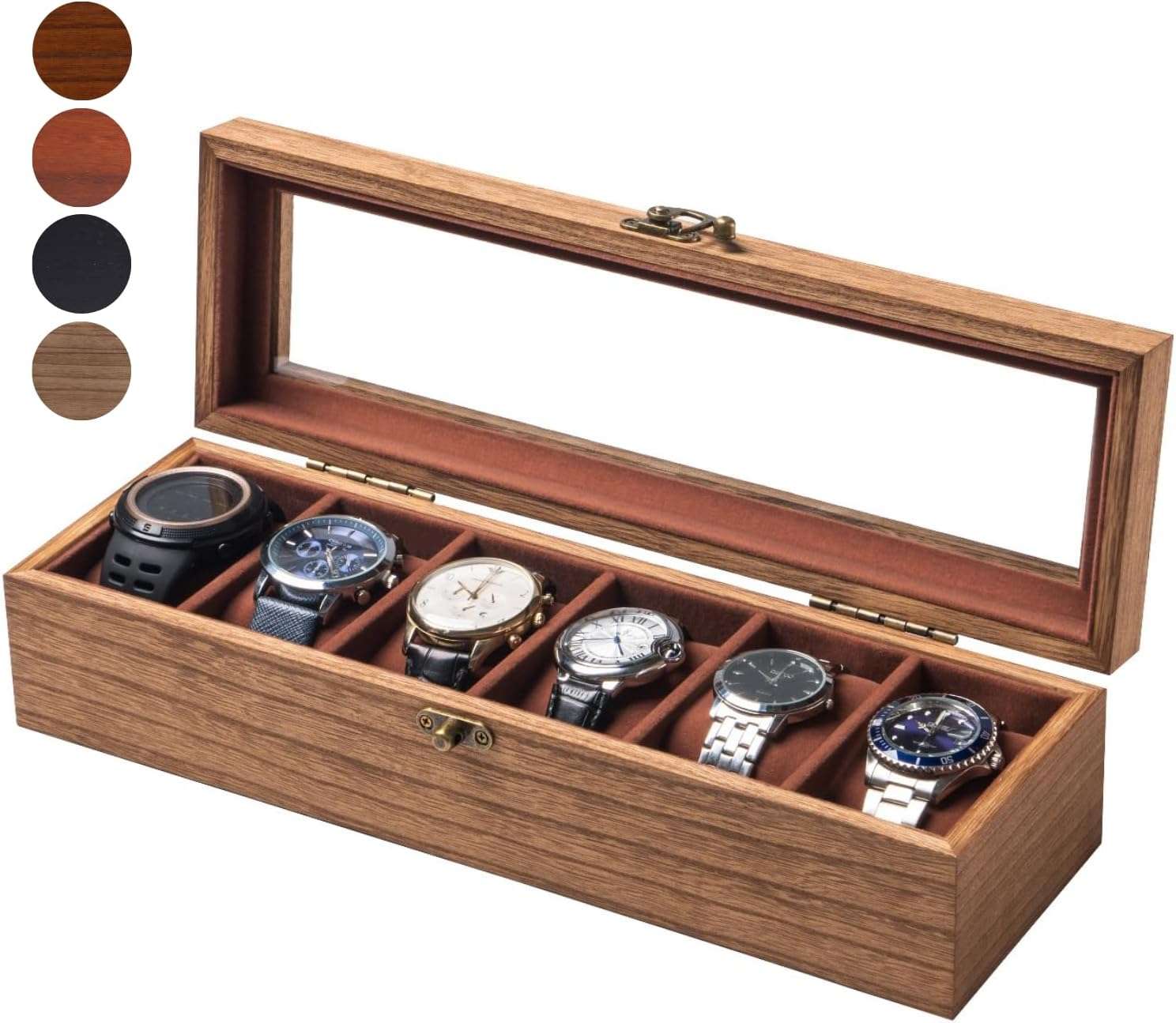 Watch Box, Watch Case for Men Women with Large Glass Lid, Wooden Watch Display Storage Box with 6 - Slots, Retro Burlywood Mens Watch Box Organizer - 1