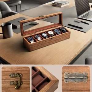 Watch Box, Watch Case for Men Women with Large Glass Lid, Wooden Watch Display Storage Box with 6 - Slots, Retro Burlywood Mens Watch Box Organizer - 2