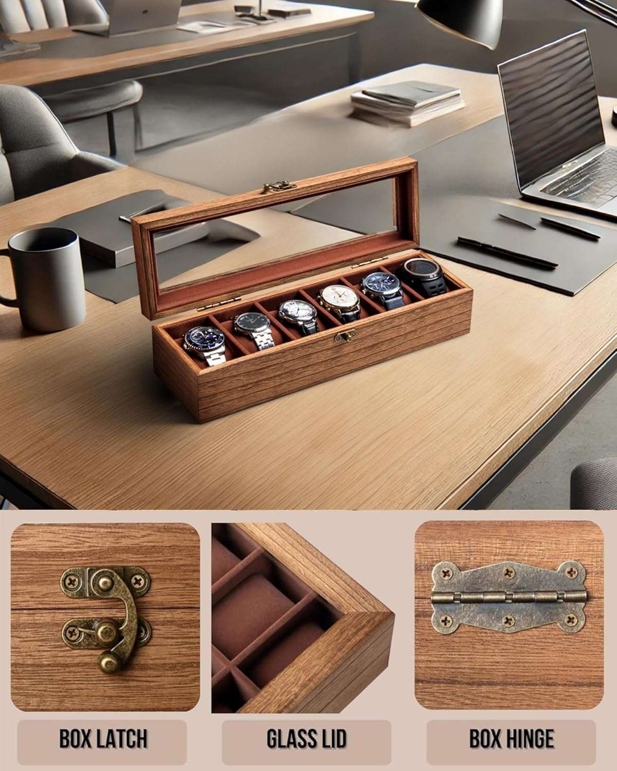 Watch Box, Watch Case for Men Women with Large Glass Lid, Wooden Watch Display Storage Box with 6 - Slots, Retro Burlywood Mens Watch Box Organizer - 2