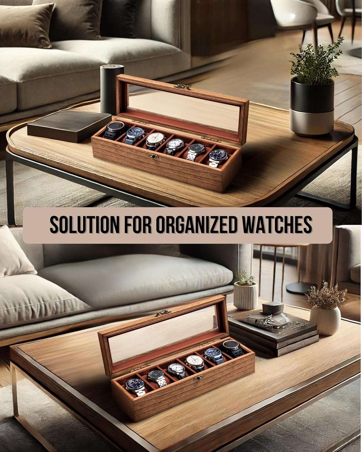 Watch Box, Watch Case for Men Women with Large Glass Lid, Wooden Watch Display Storage Box with 6 - Slots, Retro Burlywood Mens Watch Box Organizer - 3