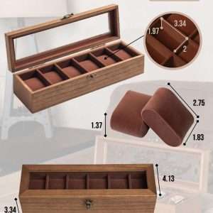 Watch Box, Watch Case for Men Women with Large Glass Lid, Wooden Watch Display Storage Box with 6 - Slots, Retro Burlywood Mens Watch Box Organizer - 5