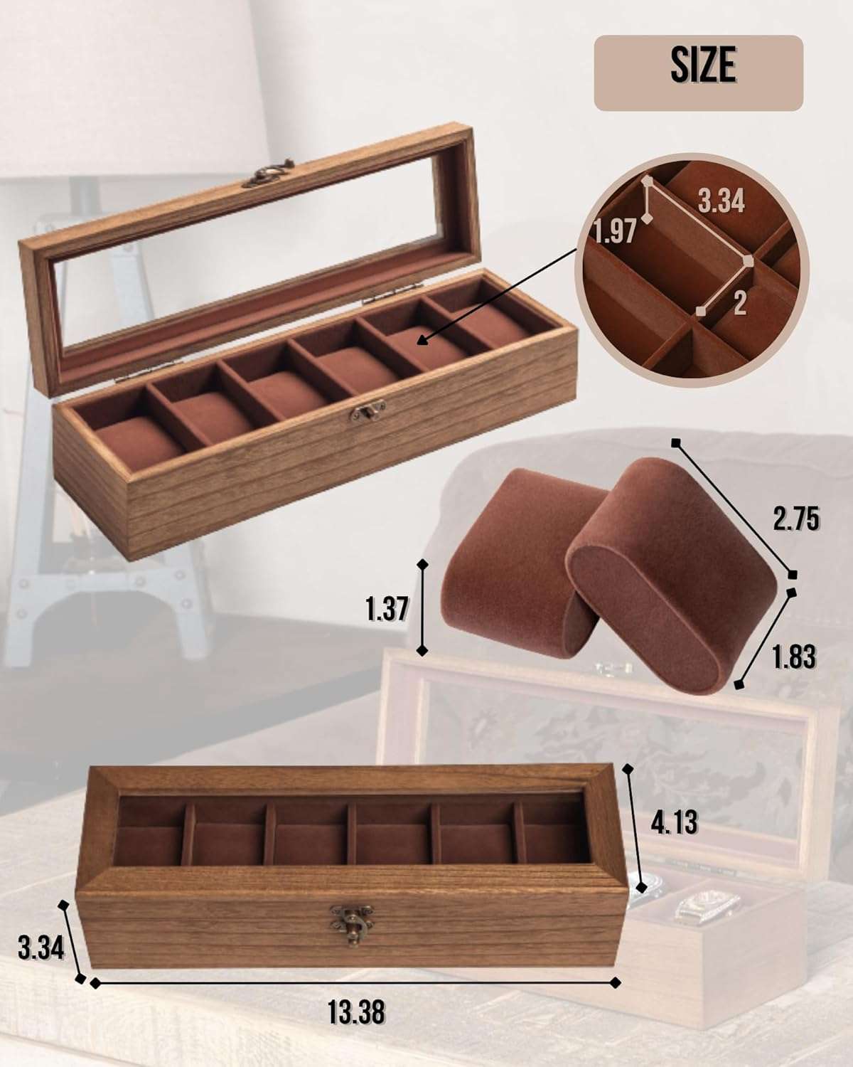 Watch Box, Watch Case for Men Women with Large Glass Lid, Wooden Watch Display Storage Box with 6 - Slots, Retro Burlywood Mens Watch Box Organizer - 5