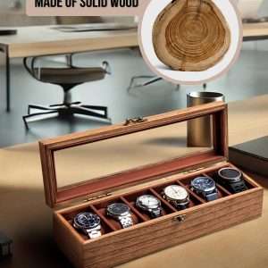 Watch Box, Watch Case for Men Women with Large Glass Lid, Wooden Watch Display Storage Box with 6 - Slots, Retro Burlywood Mens Watch Box Organizer - 6