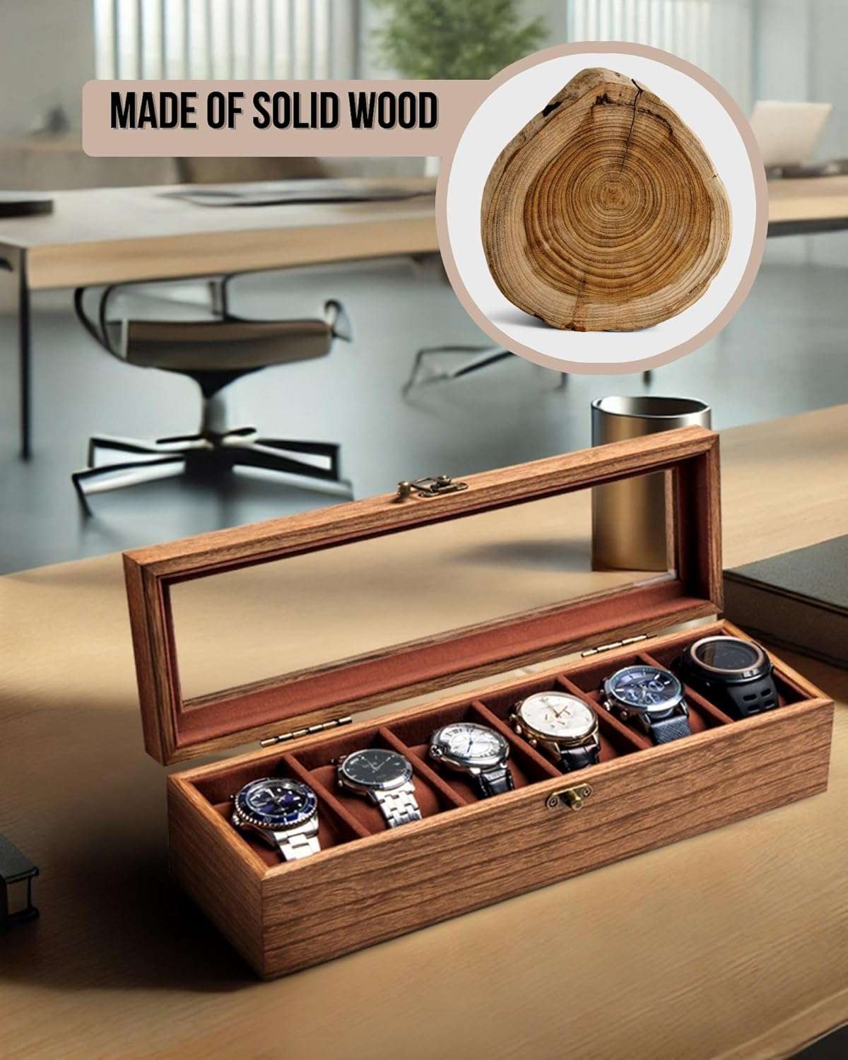 Watch Box, Watch Case for Men Women with Large Glass Lid, Wooden Watch Display Storage Box with 6 - Slots, Retro Burlywood Mens Watch Box Organizer - 6