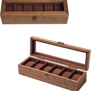 Watch Box, Watch Case for Men Women with Large Glass Lid, Wooden Watch Display Storage Box with 6 - Slots, Retro Burlywood Mens Watch Box Organizer - 7
