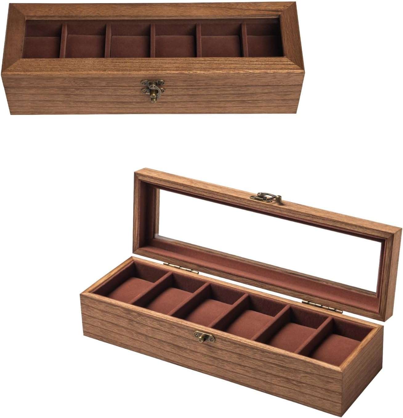 Watch Box, Watch Case for Men Women with Large Glass Lid, Wooden Watch Display Storage Box with 6 - Slots, Retro Burlywood Mens Watch Box Organizer - 7