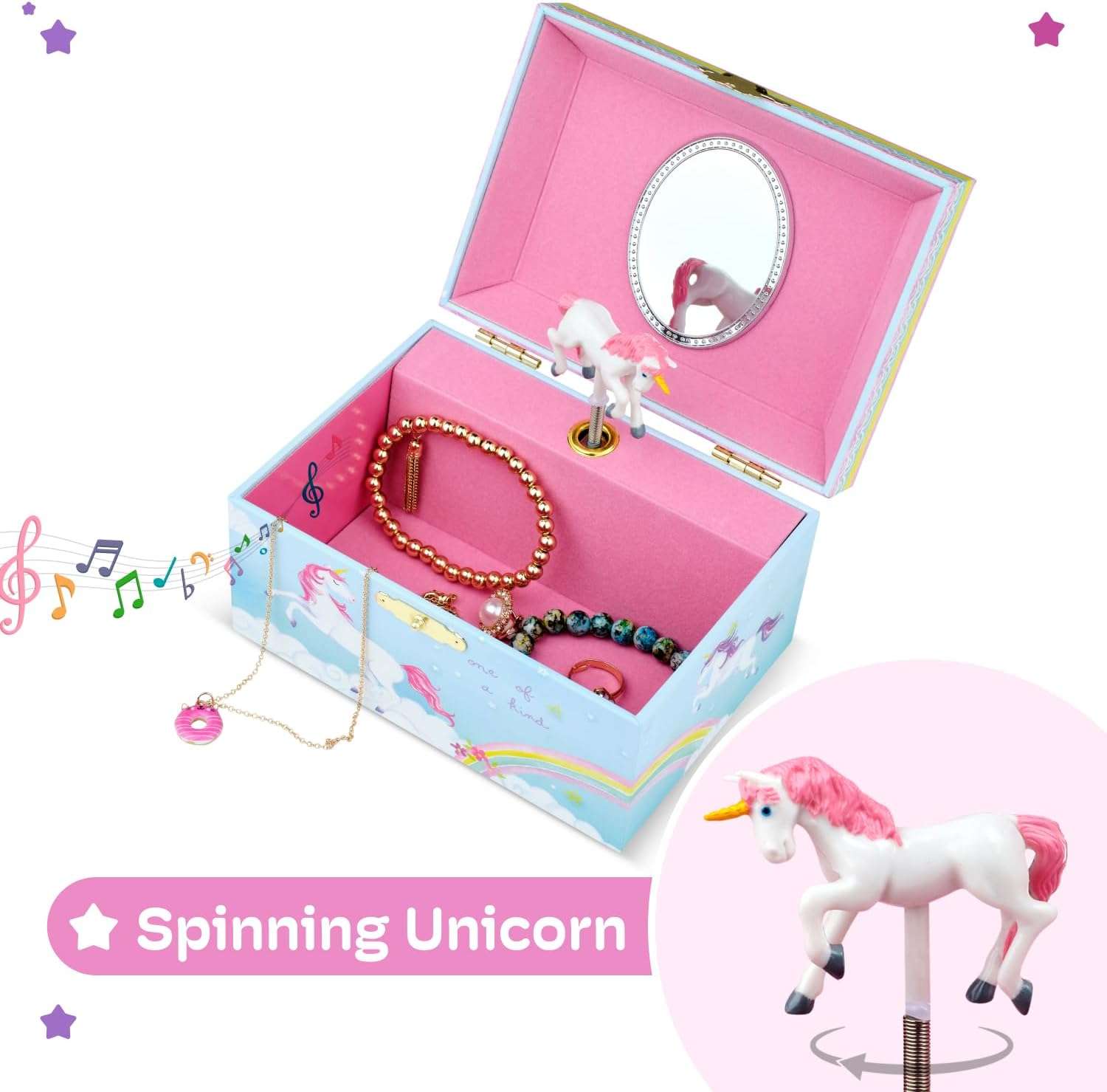 Jewelkeeper Girls Musical Jewelry Storage Box with Spinning Unicorn - Rainbow Design, The Beautiful Dreamer Tune - Enchanting Unicorn Musical Box - Ideal Gift for 5 Year Old Girls - 7