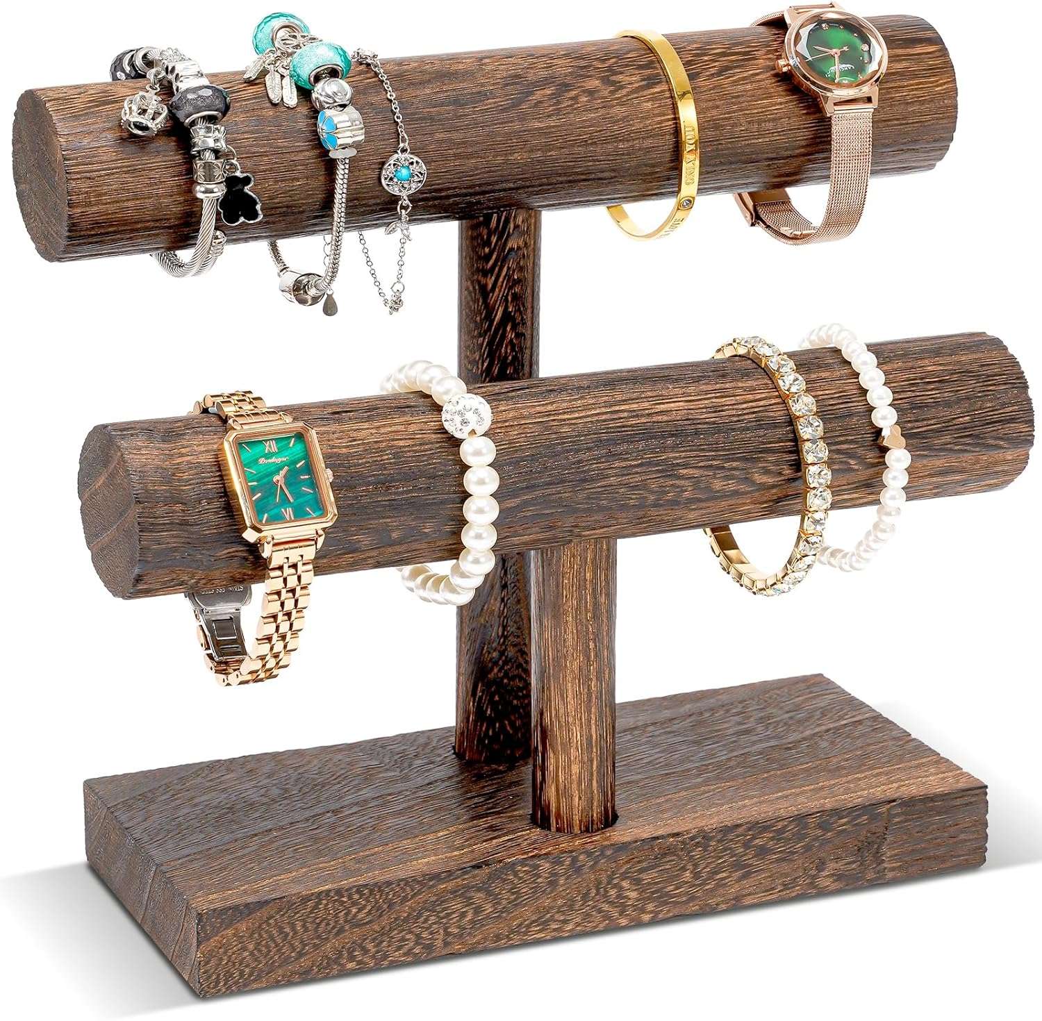 ProCase Bracelet Holder Display Bracelet Organizer, Wooden Bracelet Stand for Selling, T-bar Bangle Storage Rack Wood Watch Display Tower for Business - 2 Tier, Brown - 1