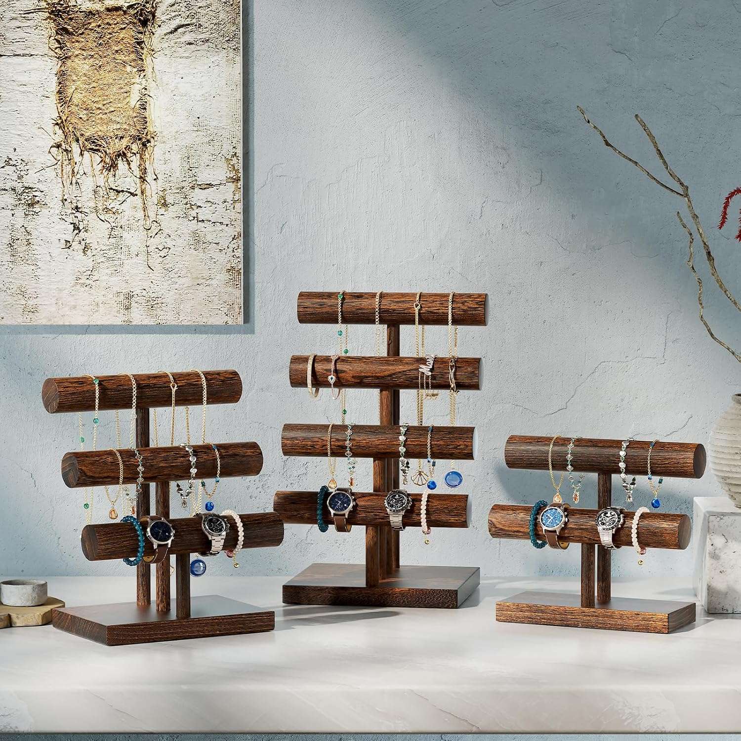 ProCase Bracelet Holder Display Bracelet Organizer, Wooden Bracelet Stand for Selling, T-bar Bangle Storage Rack Wood Watch Display Tower for Business - 2 Tier, Brown - 2