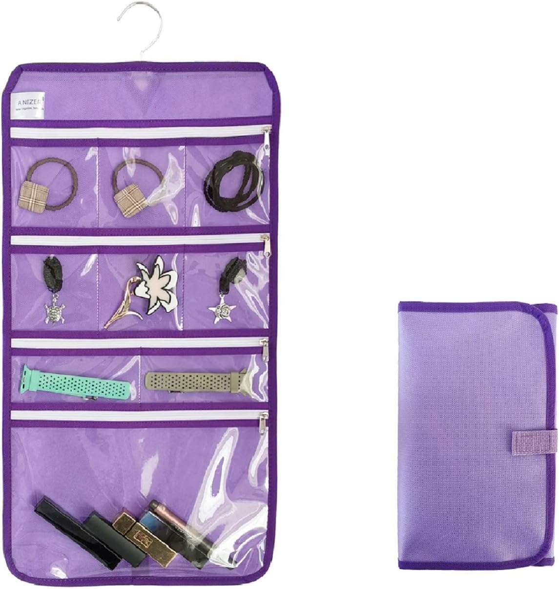 Travel Foldable Jewelry Rolls Bag Hanging Jewelry Organizer with 9 Zippered Clear Pockets Storage Pouch with Rotatable Hanger (PURPLE) - 1