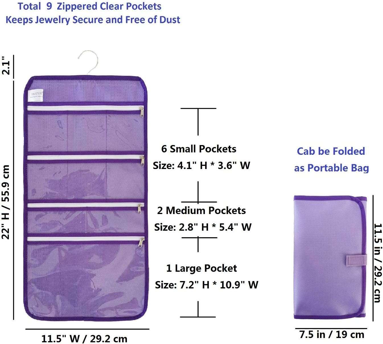 Travel Foldable Jewelry Rolls Bag Hanging Jewelry Organizer with 9 Zippered Clear Pockets Storage Pouch with Rotatable Hanger (PURPLE) - 2