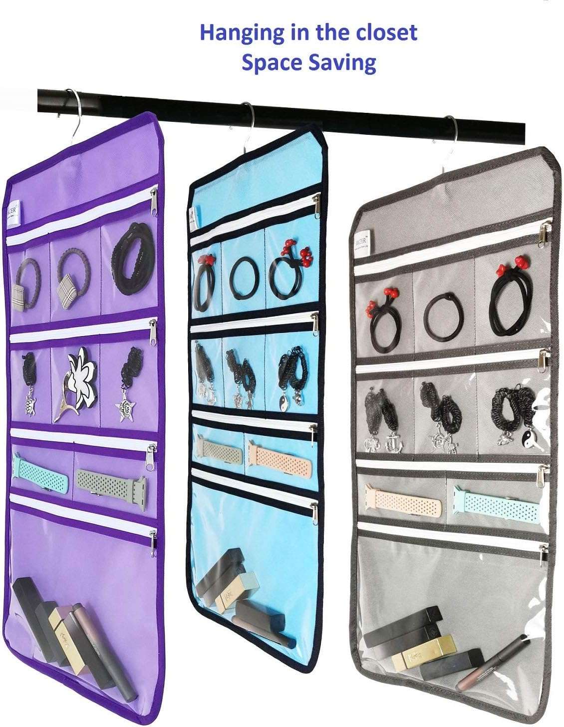 Travel Foldable Jewelry Rolls Bag Hanging Jewelry Organizer with 9 Zippered Clear Pockets Storage Pouch with Rotatable Hanger (PURPLE) - 3