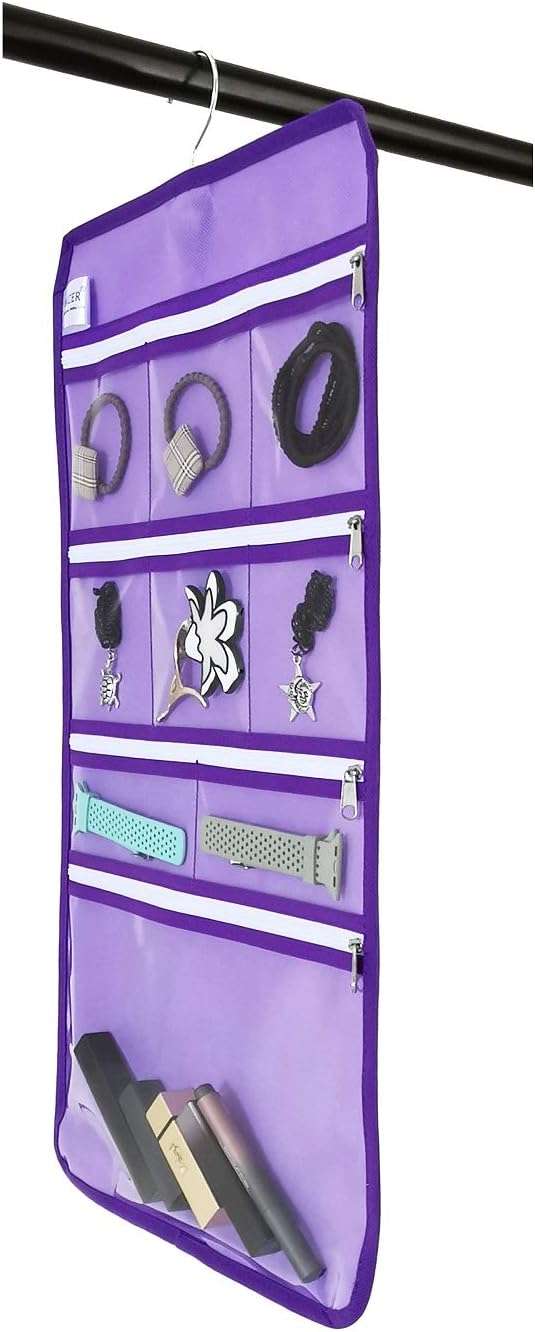 Travel Foldable Jewelry Rolls Bag Hanging Jewelry Organizer with 9 Zippered Clear Pockets Storage Pouch with Rotatable Hanger (PURPLE) - 5