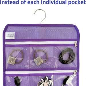 Travel Foldable Jewelry Rolls Bag Hanging Jewelry Organizer with 9 Zippered Clear Pockets Storage Pouch with Rotatable Hanger (PURPLE) - 6