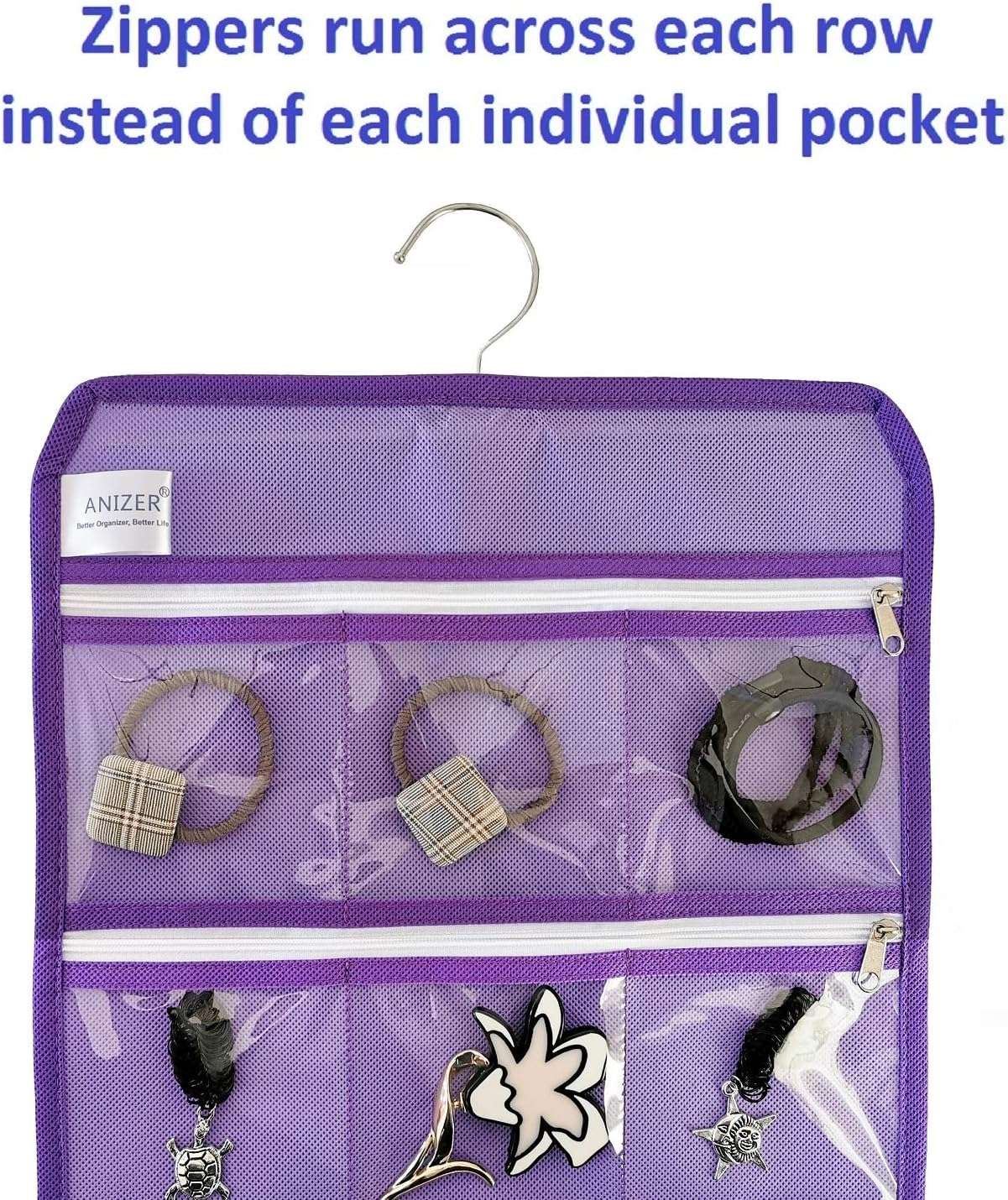 Travel Foldable Jewelry Rolls Bag Hanging Jewelry Organizer with 9 Zippered Clear Pockets Storage Pouch with Rotatable Hanger (PURPLE) - 6
