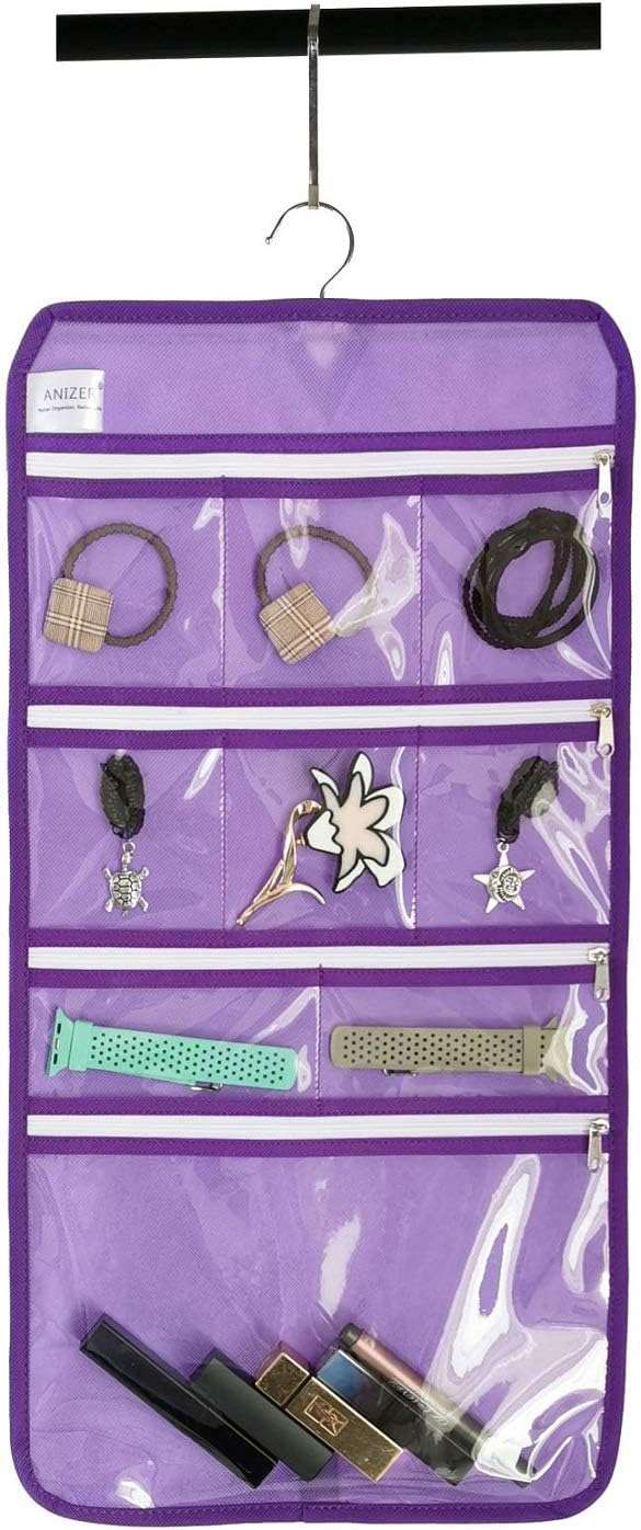Travel Foldable Jewelry Rolls Bag Hanging Jewelry Organizer with 9 Zippered Clear Pockets Storage Pouch with Rotatable Hanger (PURPLE) - 7