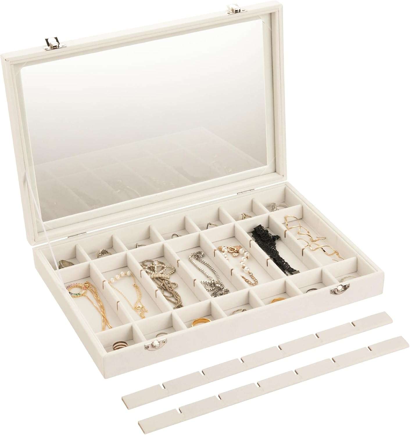 Frebeauty Velvet Jewelry Tray,35 Grid Jewelry Organizer with Clear Lid,Earring Holder Organizer Case with Clasp,Drawer Insert for Rings Studs,13.8 x 9.5 x 2 Inches,Gift for Women Girls - 4