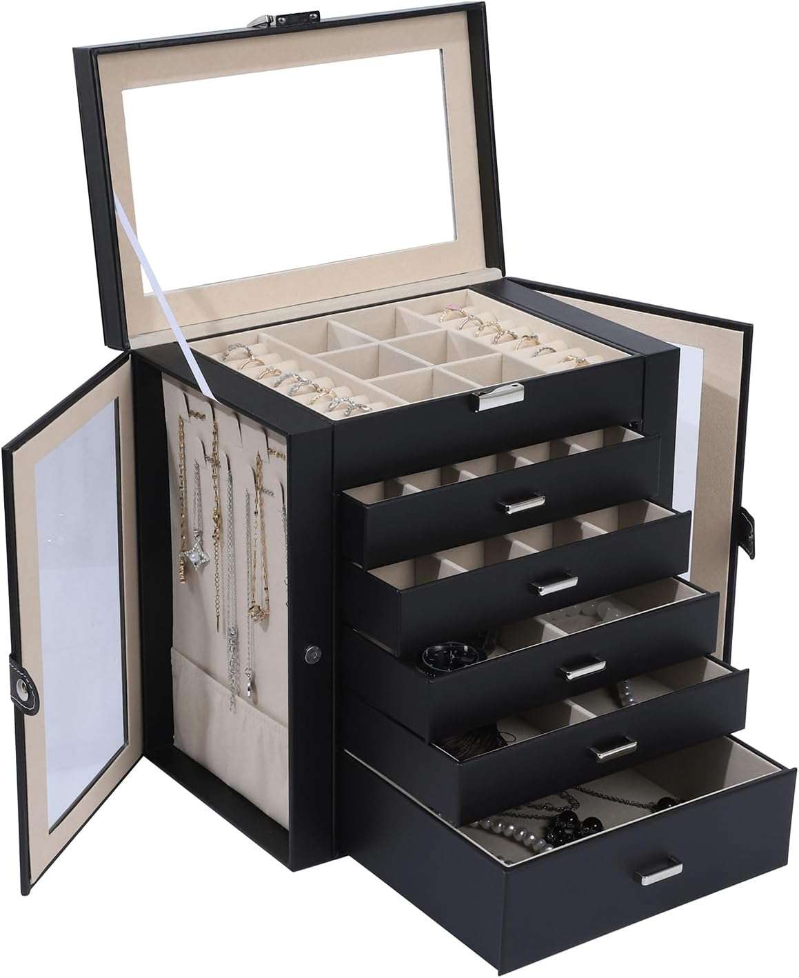 6 Layer Large Jewelry Boxes With Mirror，Multifunctional 5 Drawers Jewelry Box Organizer with 2 Glass Door for Necklace Organizing (Black) - 1