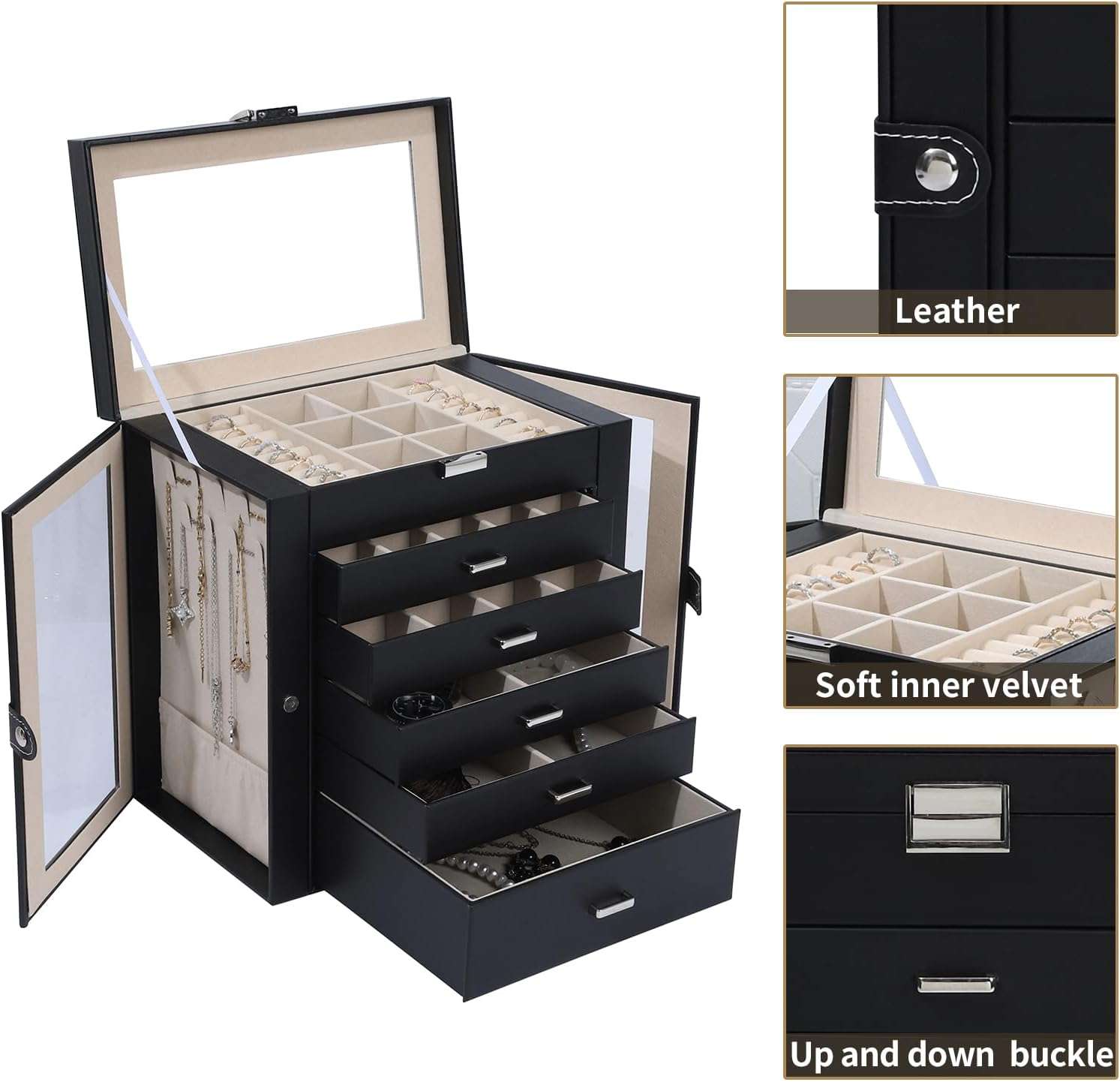 6 Layer Large Jewelry Boxes With Mirror，Multifunctional 5 Drawers Jewelry Box Organizer with 2 Glass Door for Necklace Organizing (Black) - 2