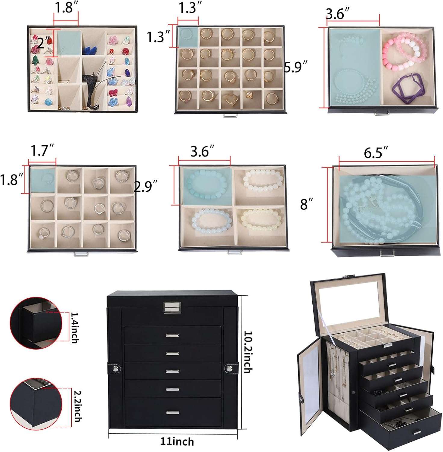 6 Layer Large Jewelry Boxes With Mirror，Multifunctional 5 Drawers Jewelry Box Organizer with 2 Glass Door for Necklace Organizing (Black) - 4