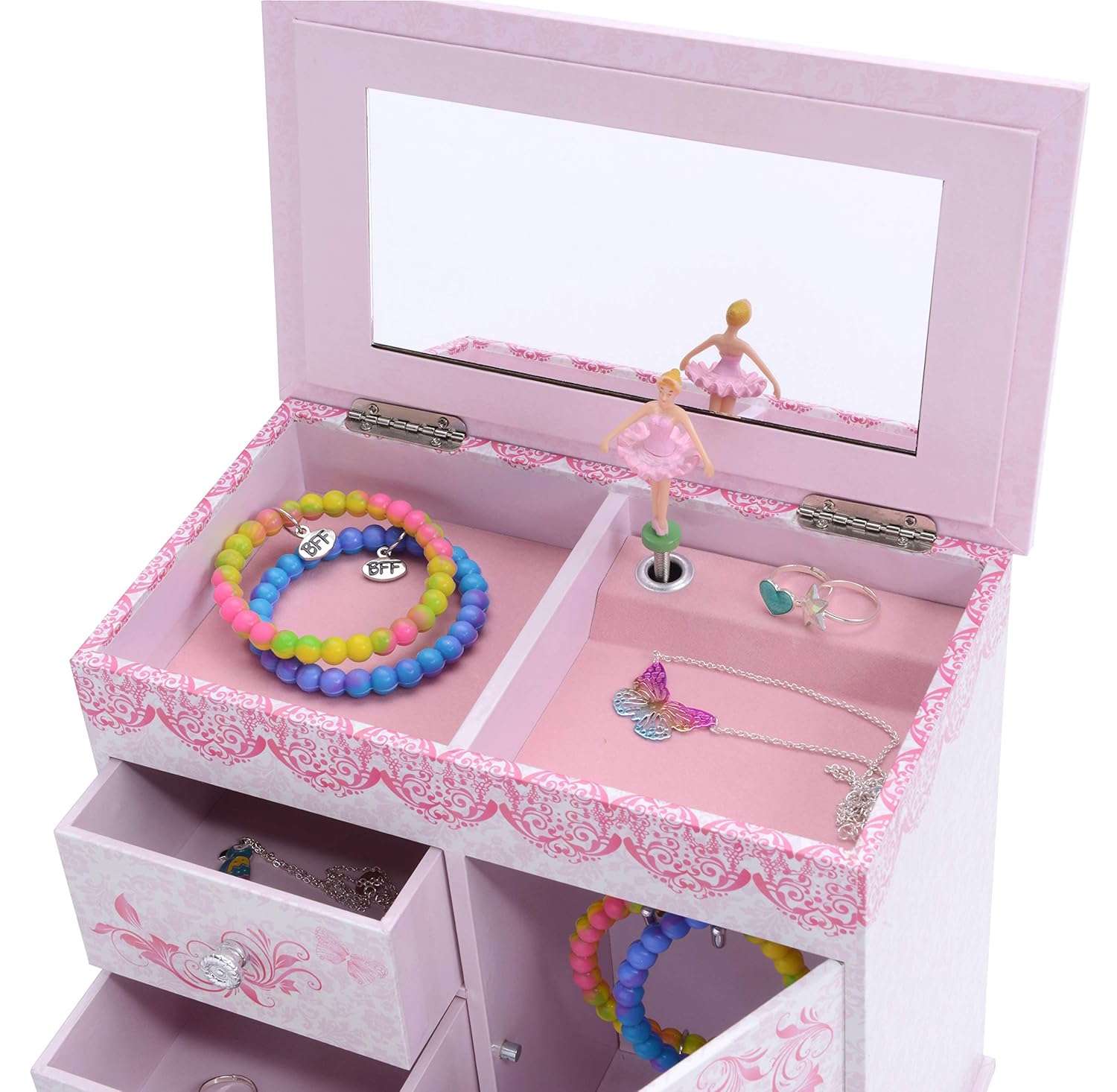 Jewelkeeper - Ballerina Jewelry Box for Girls with 3 Pullout Drawers - Ballerina Music Box with Swan Lake Tune - Ballet Slipper Design - Jewelry Storage Organizer for Necklaces and Bracelets - 3