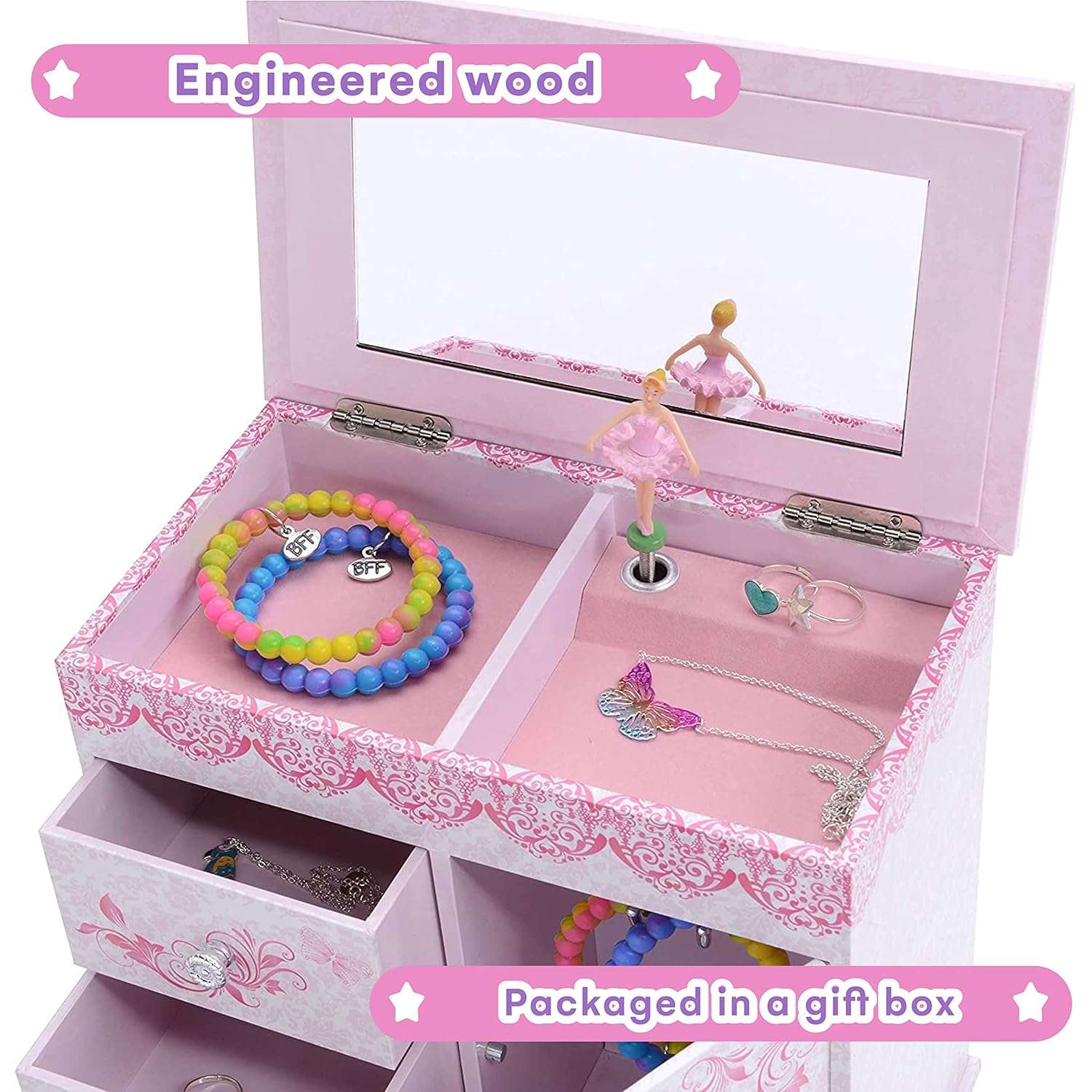Jewelkeeper - Ballerina Jewelry Box for Girls with 3 Pullout Drawers - Ballerina Music Box with Swan Lake Tune - Ballet Slipper Design - Jewelry Storage Organizer for Necklaces and Bracelets - 5