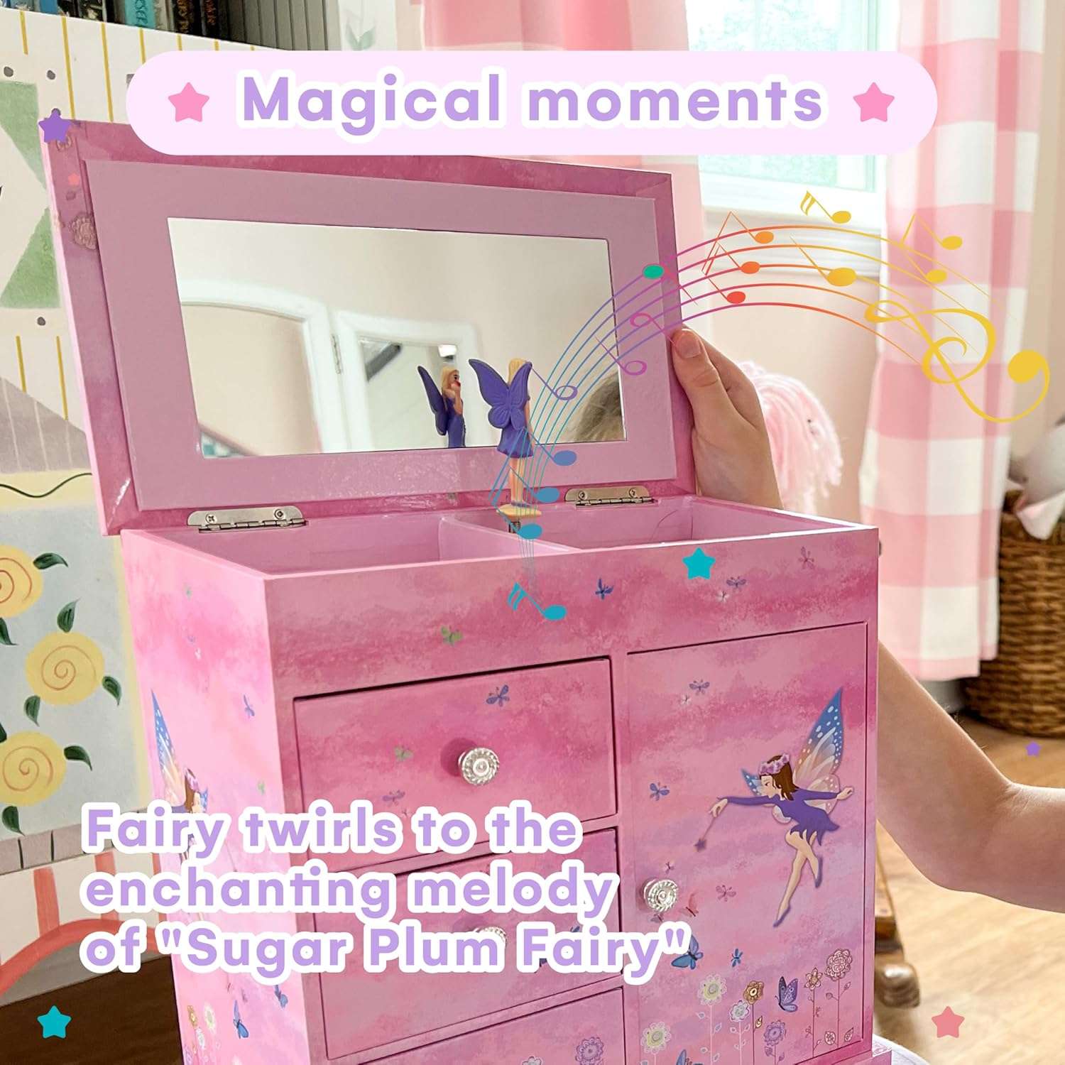 Jewelkeeper Jewelry Box - Jewelry Box for Girls with Ballerina Music Box - 3 Spacious Drawers, Necklace Carousel, Soft Pink Lining and Flowers Design - Sugar Plum Fairy Tune - 2