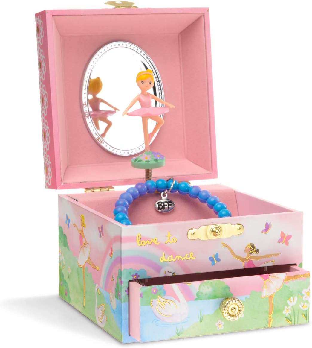 Jewelkeeper - Kids Jewelry Boxes For Girls - Musical Jewelry Storage Box - Girls Wooden Treasure Keepers - Rainbow and Gold Foil Design - Swan Lake Tune - 1