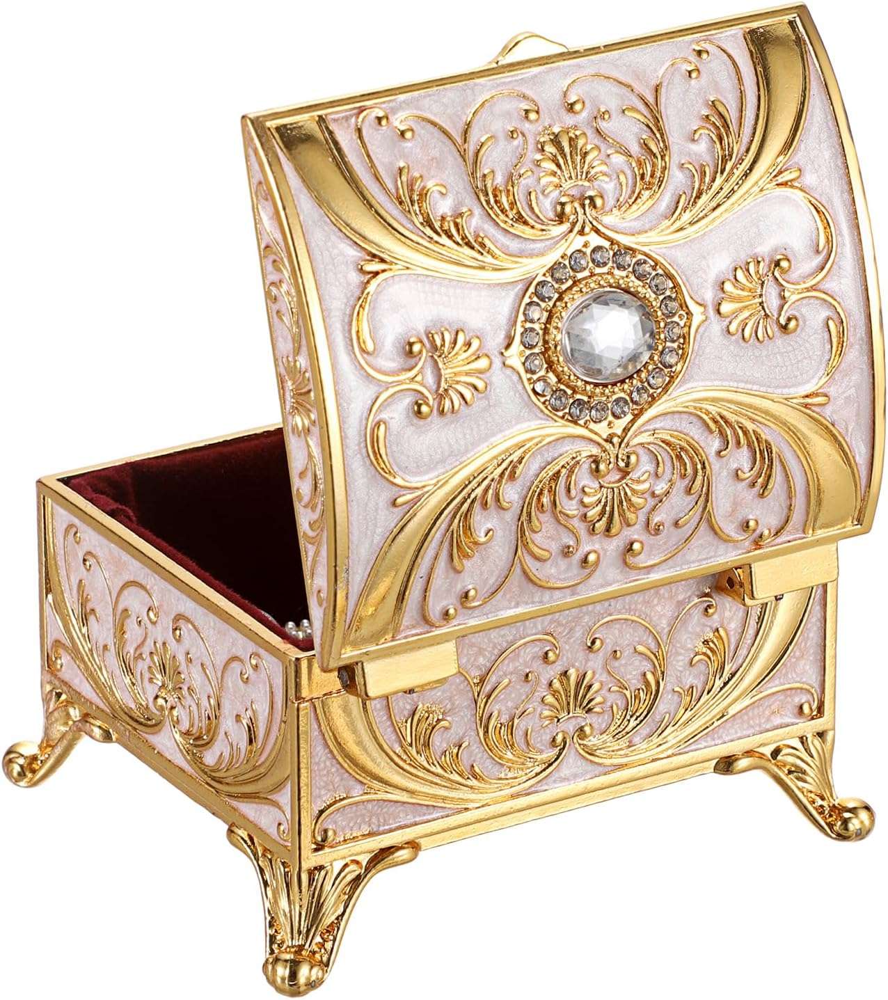 Small Jewelry Box Treasure Box Vinatge Enamel Trinket Organzier Hand Painted Jewelry Chest Case Golded Metal Jewelry Keepsake Box for Earrings Rings Gift for Christmas Wedding,Beige - 1